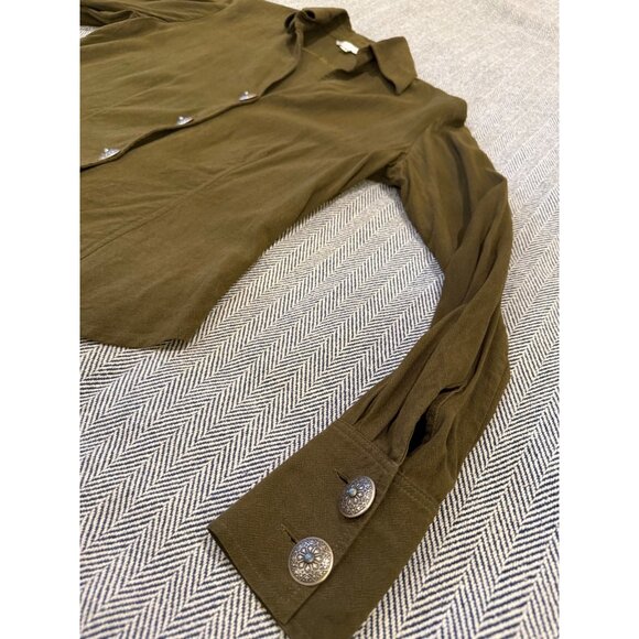 Vintage Western Olive Green Button-Up Shirt W/ Engraved Metal Buttons & Turquois - Picture 7 of 11